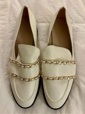 Karl Lagerfeld Cream Loafers with Gold Chain Trim